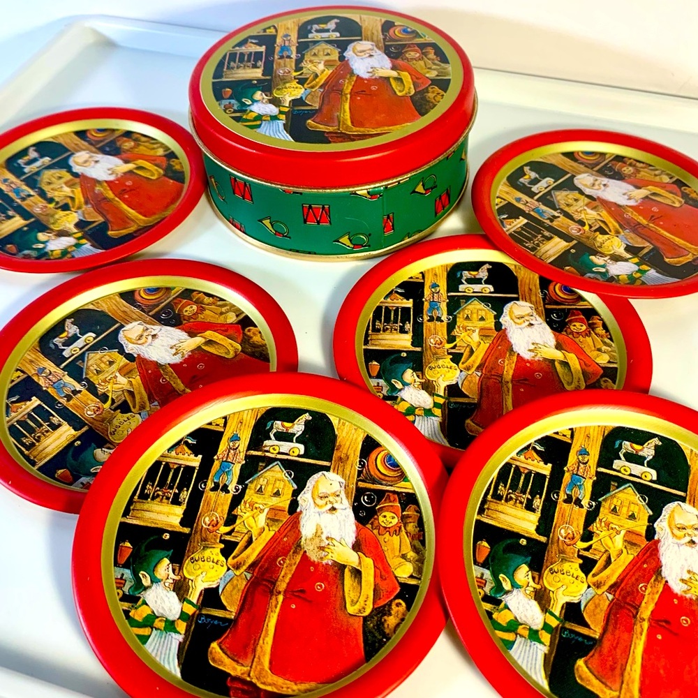 Santa Blowing Bubbles in Toy Workshop Tin w 6 Metal Drink Coasters Willitts 1985